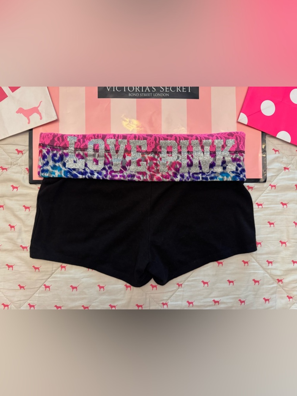 VS PINK VINTAGE Y2K FOLDOVER YOGA SHORTS LACE RAINBOW LEOPARD BLING LOGO RARE LG